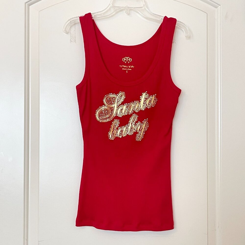 Victoria's Secret Santa Baby Tank Top Rib Knit Bling Christmas Holiday Red Small